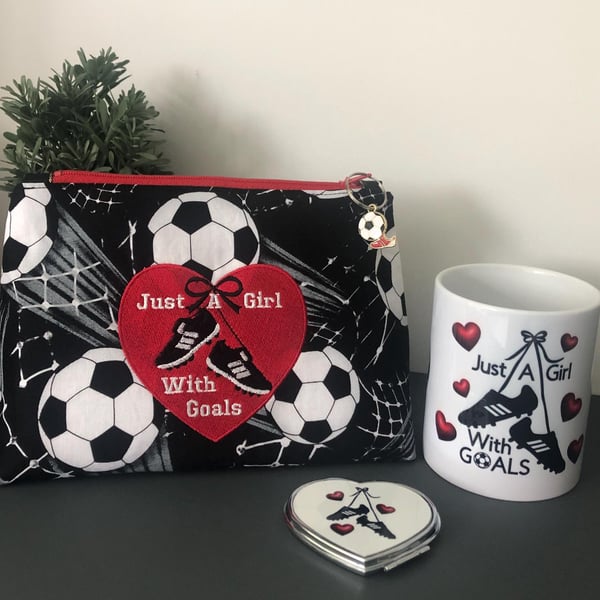 Football Girls Makeup Bag Handmade - Makeup Pot & Mirror Women's Football Gift, 