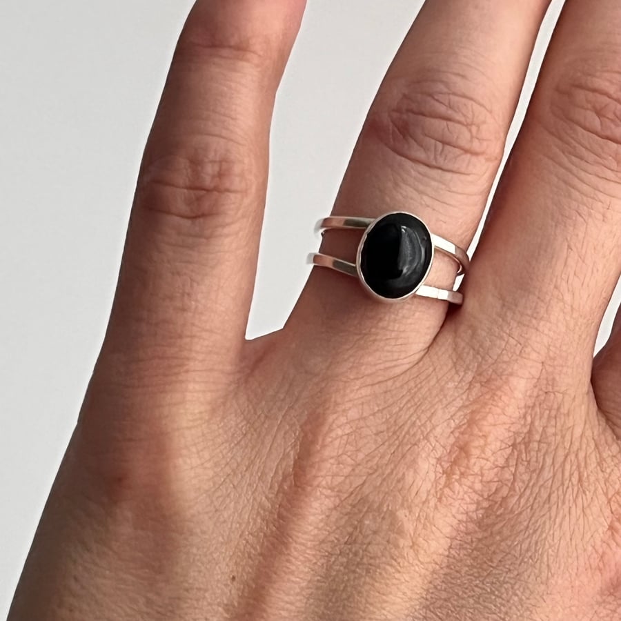 Handmade Adjustbale Black Onyx Split-Band Ring in Sterling Silver 