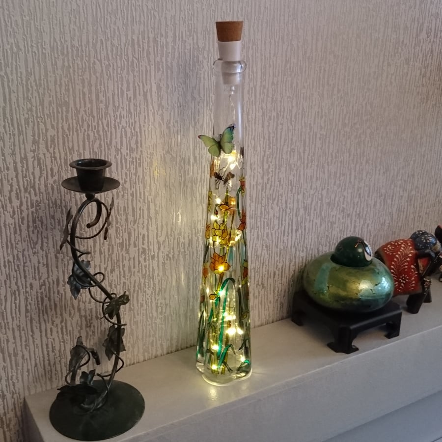 Daffs and Bugs - Handpainted Bottle Light