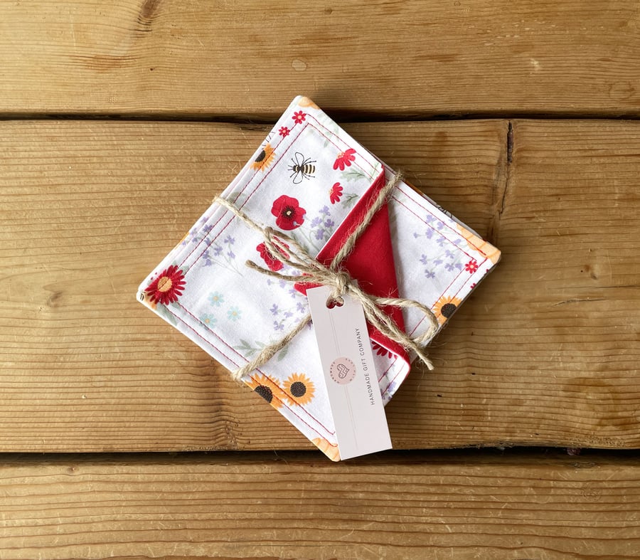 Fabric Coasters, 6 Set, Handmade Coasters, Cotton Coasters. Bee Hives-COAST-06