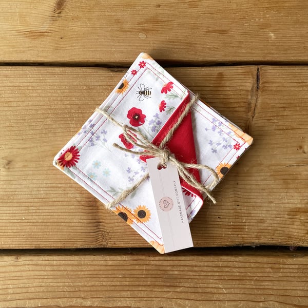 Fabric Coasters, 6 Set, Handmade Coasters, Cotton Coasters. Bee Hives-COAST-06
