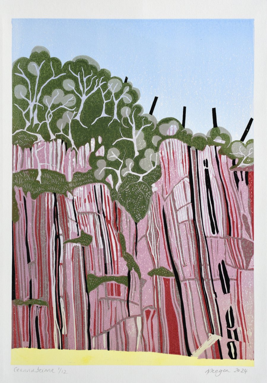 Ceannabienne - original lino print of stunning cliff face