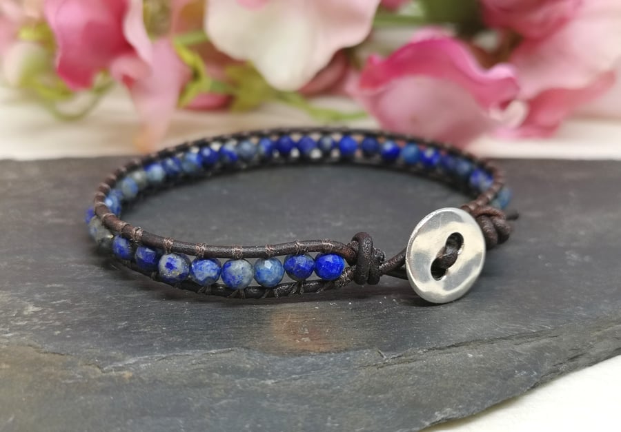 Lapis lazuli and leather bracelet, September birthstone, blue bracelet 