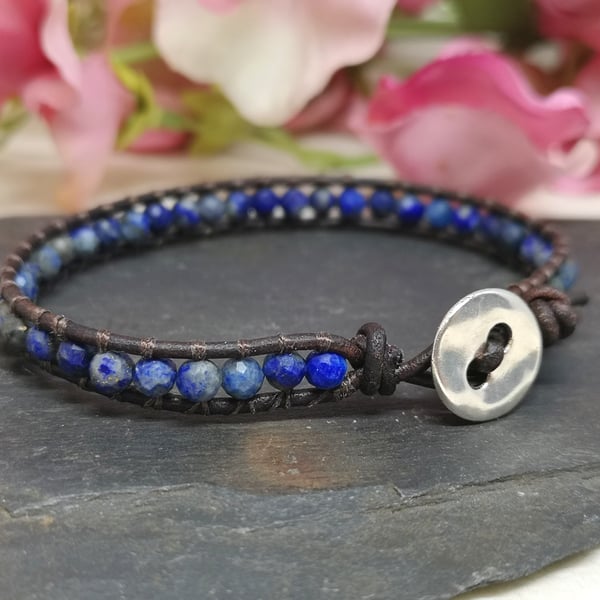 Lapis lazuli and leather bracelet, September birthstone, blue bracelet 