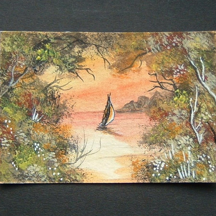 boat on lake original art painting landscape aceo ref 18