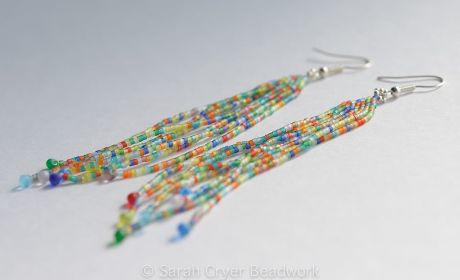 Bright confetti feather long beadwoven earrings