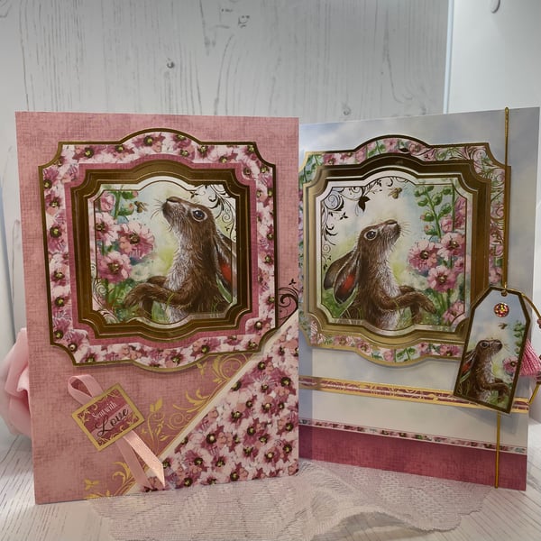 Hares in Pink Flowers Greeting Card & Notebook  PB6