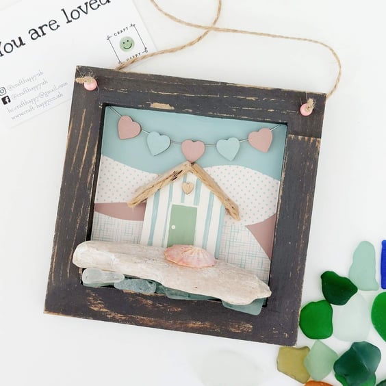 Sea Glass Beach Hut Wall Art, Driftwood Coastal Hanging, Handmade Seaside Decor