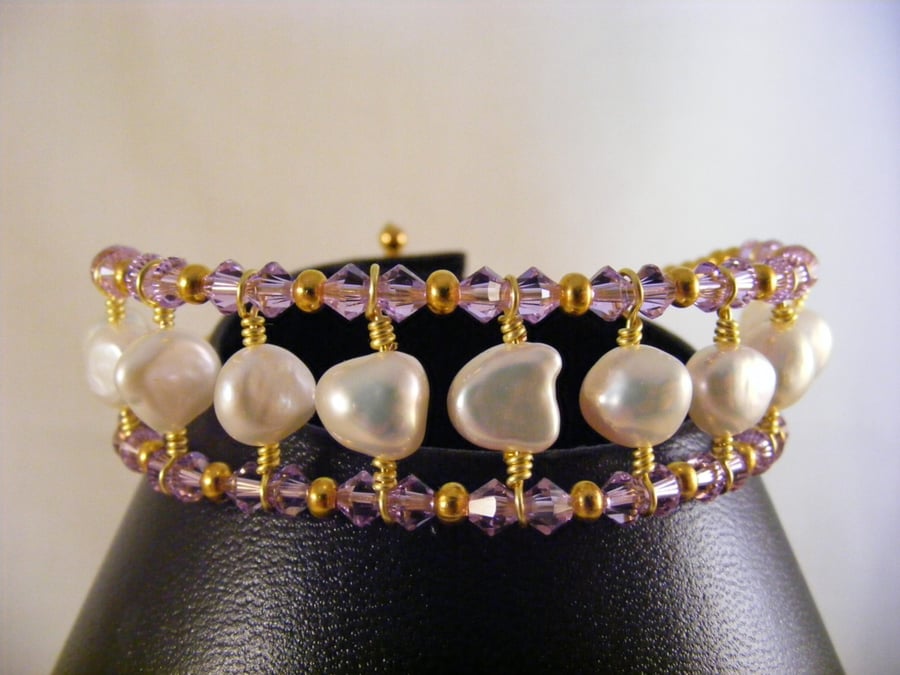White Freshwater Pearl and Violet Crystal Bracelet