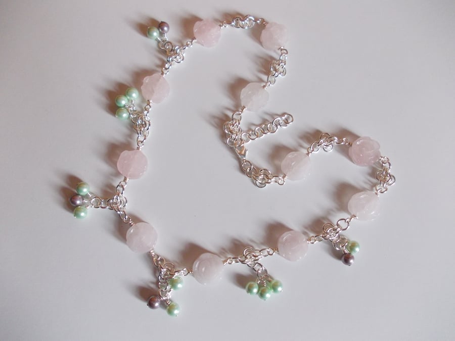 Rose quartz flower garland necklace