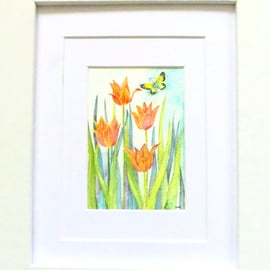 Framed Small Tulips and Butterfly Original Watercolour