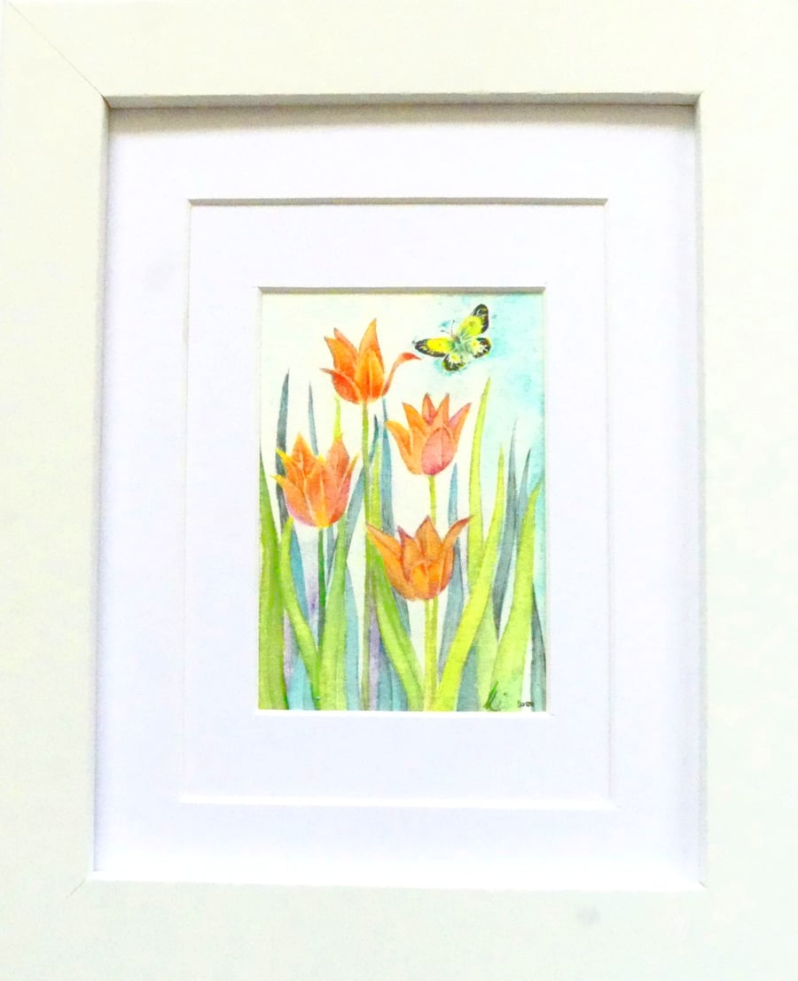 Framed Small Tulips and Butterfly Original Watercolour