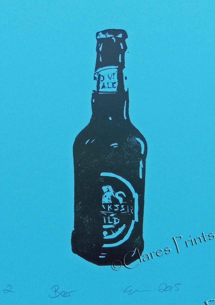 Beer Bottle Hand-Pulled Linocut Print