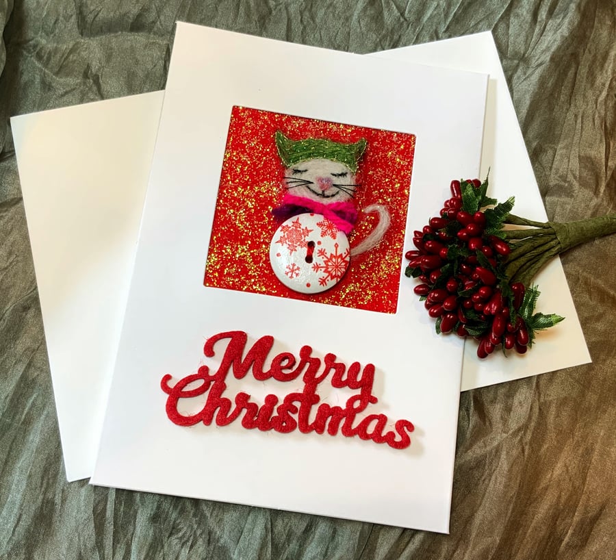 Whimsical Pussy Cat Christmas Card.