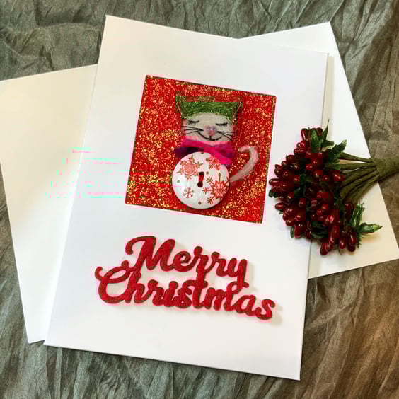 Whimsical Pussy Cat Christmas Card.