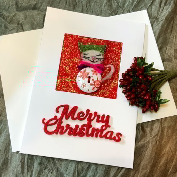 Whimsical Pussy Cat Christmas Card.