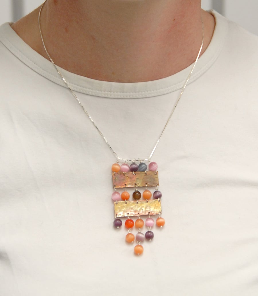 Copper and peach pink cats eye glass statement necklace