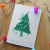 Happy Tree - lino cut print Christmas card with wobbly eyes