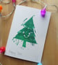 Happy Tree - lino cut print Christmas card with wobbly eyes