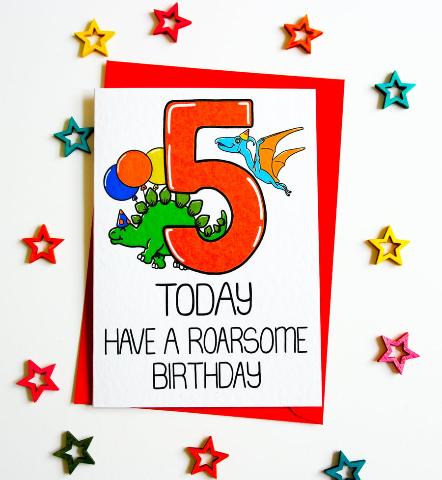 Dinosaur Fifth Birthday Card, 5 Today Have a Roarsome Birthday 5th Card 