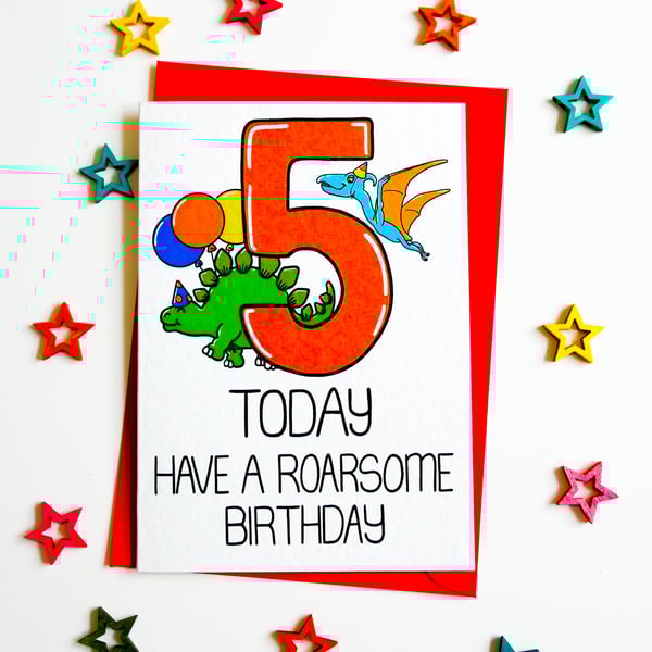 Dinosaur Fifth Birthday Card, 5 Today Have a Roarsome Birthday 5th Card 