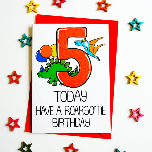 Dinosaur Fifth Birthday Card, 5 Today Have a Roarsome Birthday 5th Card 