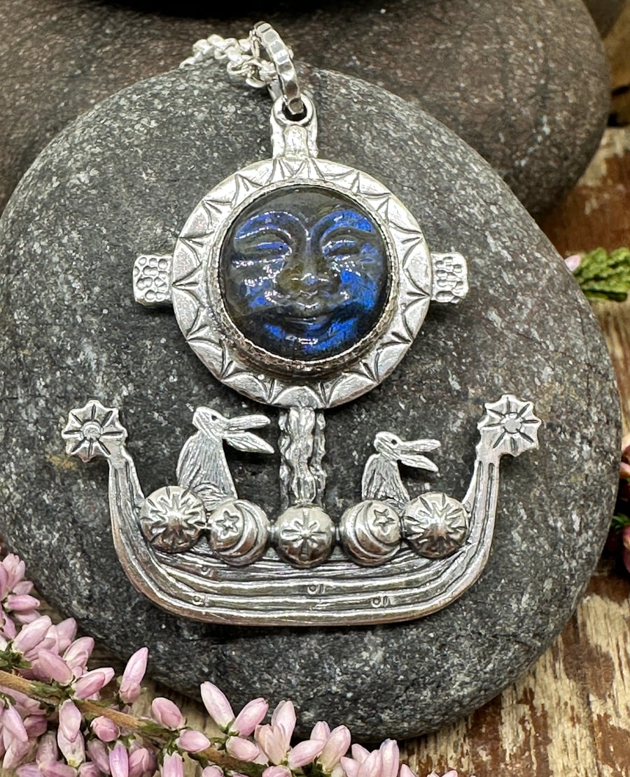 Viking Ship Hare Pendant with Carved Labradorite Face