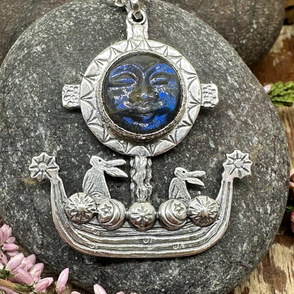 Viking Ship Hare Pendant with Carved Labradorite Face