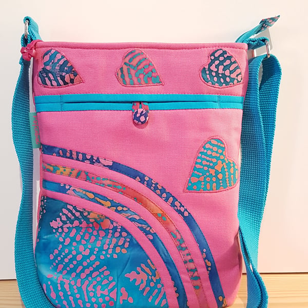 Shoulder bag,Blue-pink batik leafs 