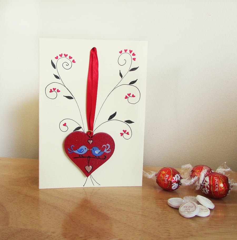 Hanging Heart and Card, Two Little Bluebirds,  A Gift & Card in one.