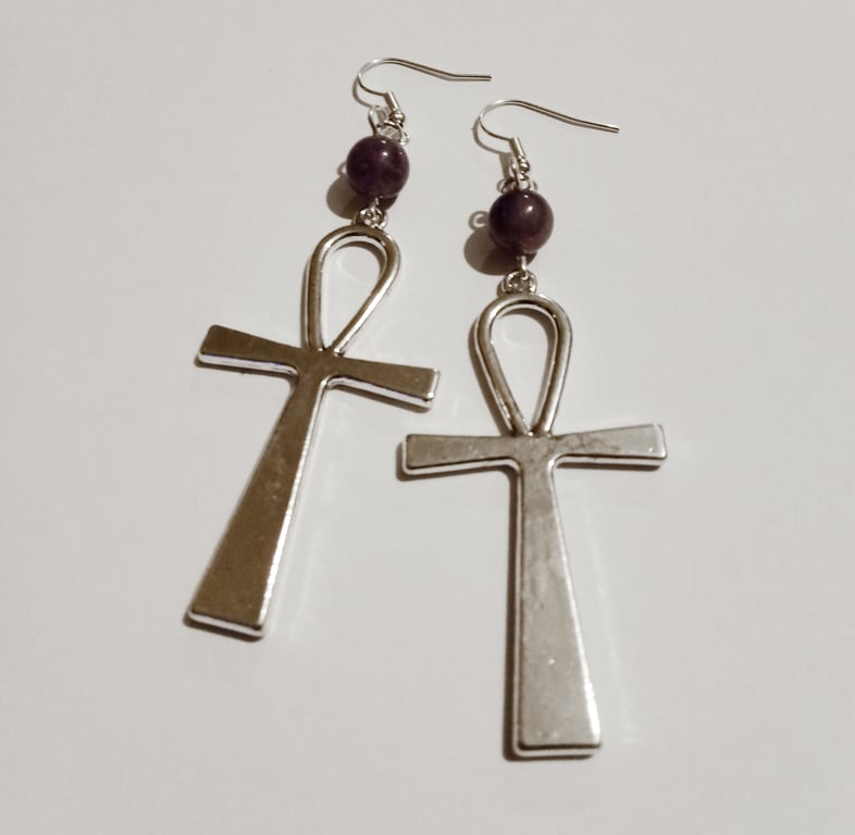 Large Ankh Earrings Purple Amethyst Statement Earrings