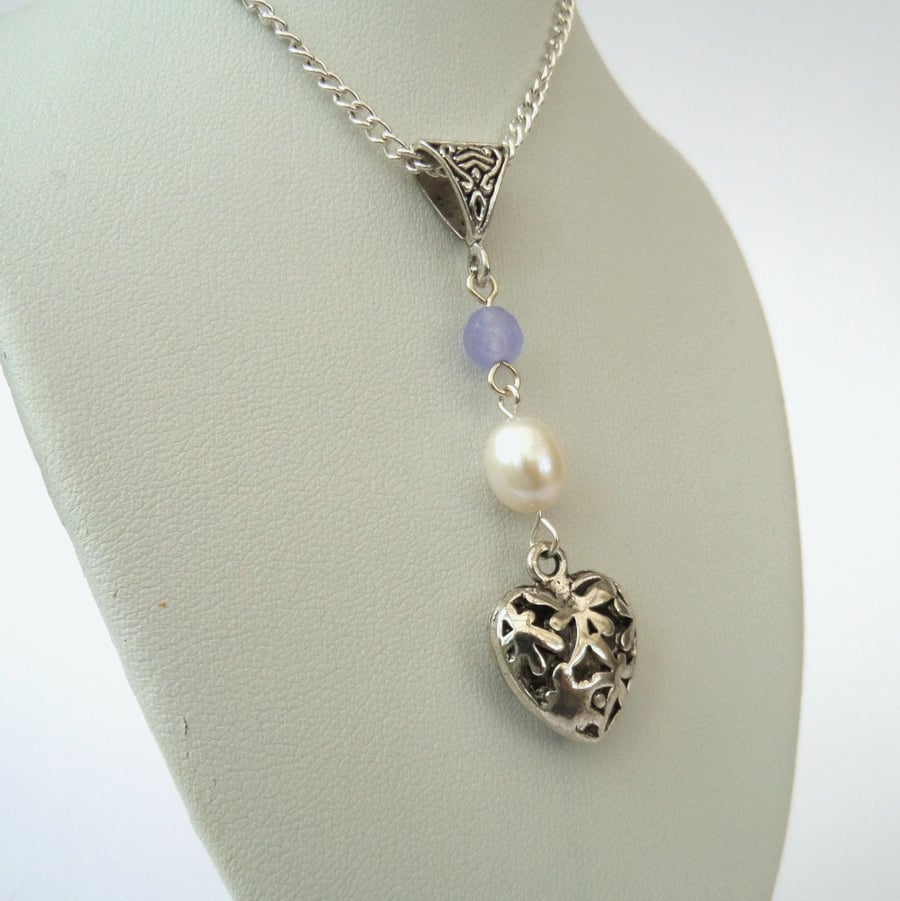 Pearl and heart charm necklace, with pretty purple gemstone