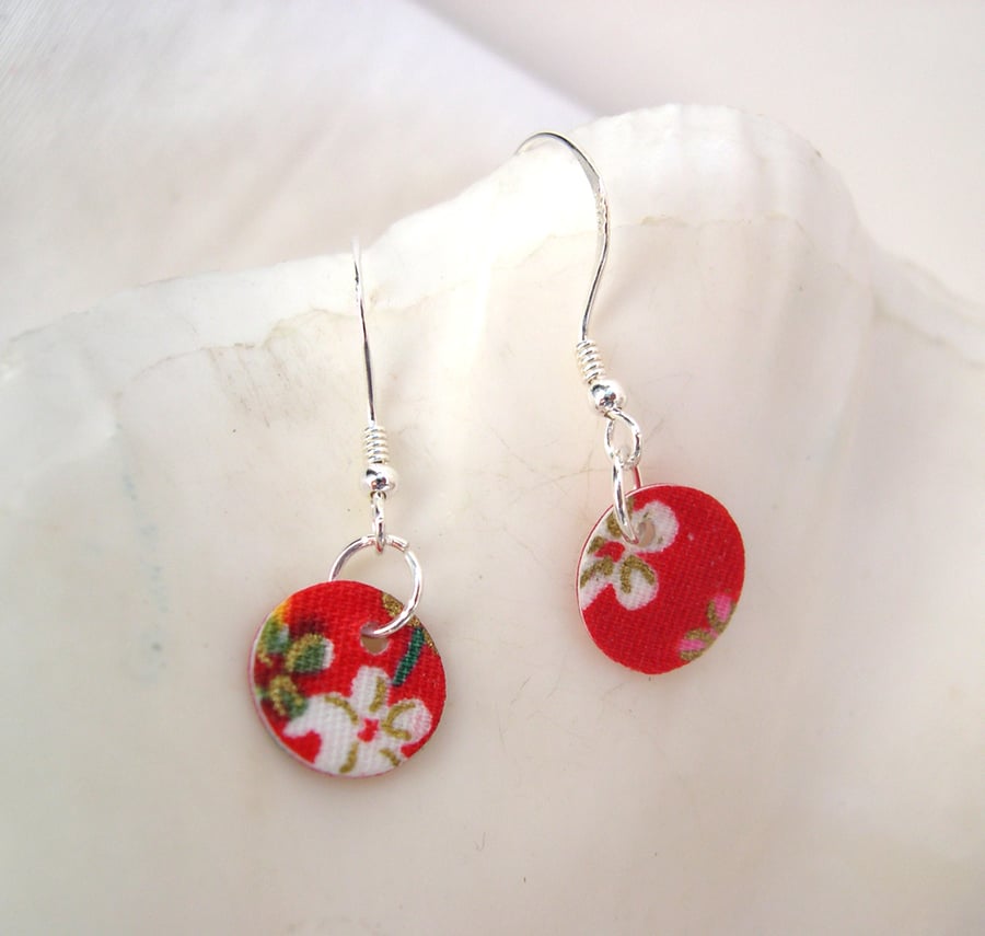 925 Sterling Silver Hardened Red Japanese Fabric Disc Earrings