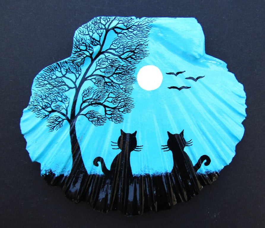 Cat Gift, Hand Painted Shell, Two Cats Tree Moon Painting, Silhouette Art Unique