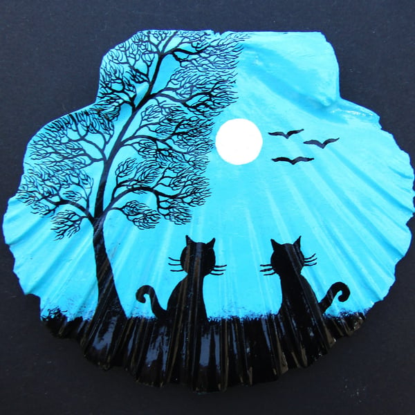Cat Gift, Hand Painted Shell, Two Cats Tree Moon Painting, Silhouette Art Unique