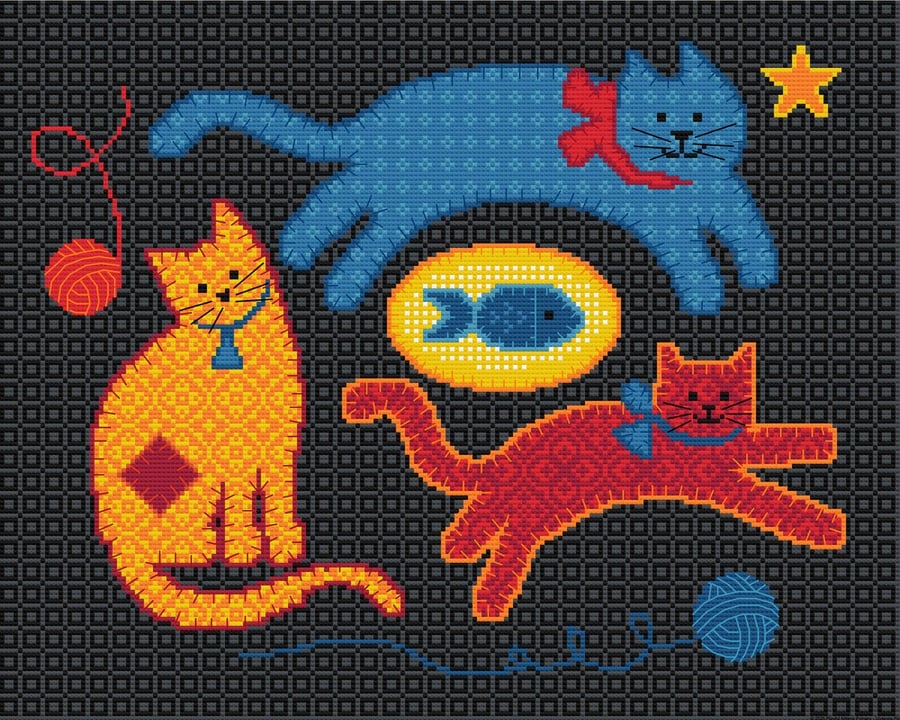 081A - Primary Version - Playful Kittens Chasing Wool - Cross Stitch Pattern
