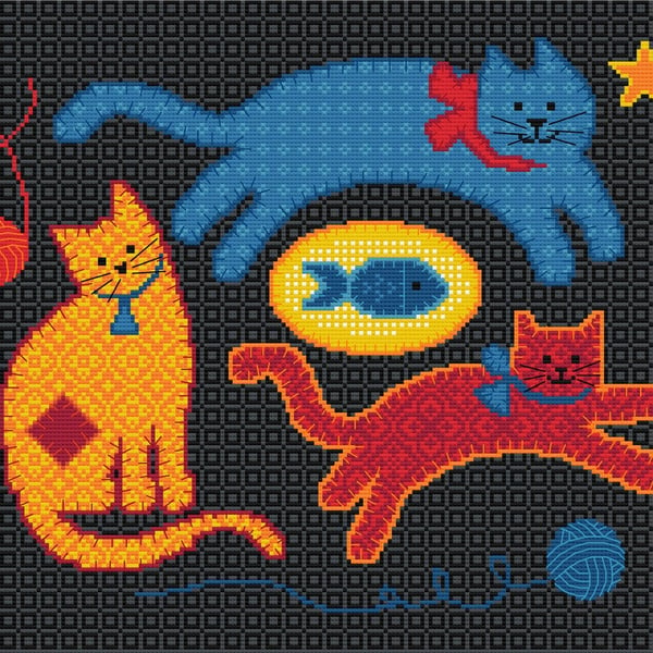 081A - Primary Version - Playful Kittens Chasing Wool - Cross Stitch Pattern