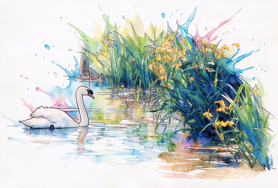 Swan & Flowers Norfolk Greeting Card A5