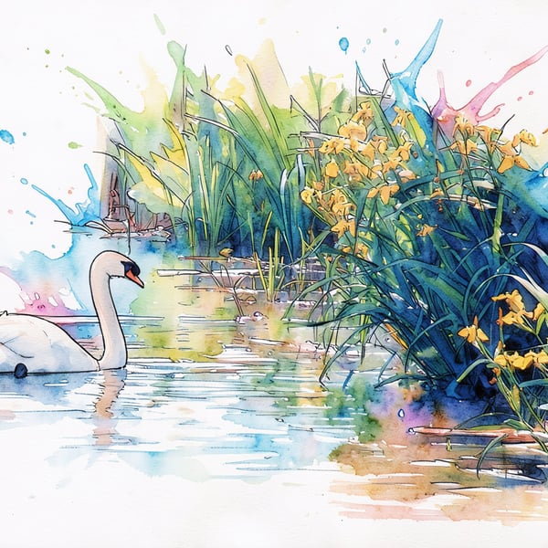Swan & Flowers Norfolk Greeting Card A5