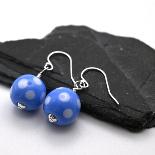 blue polka dot glass earrings