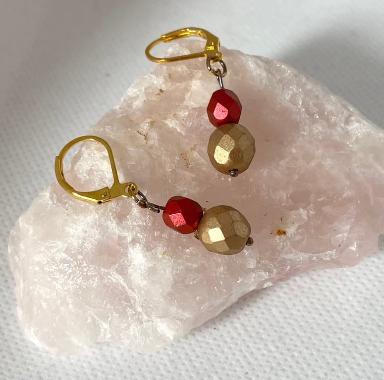 Fire Bead Gold and Red Drop Earrings 