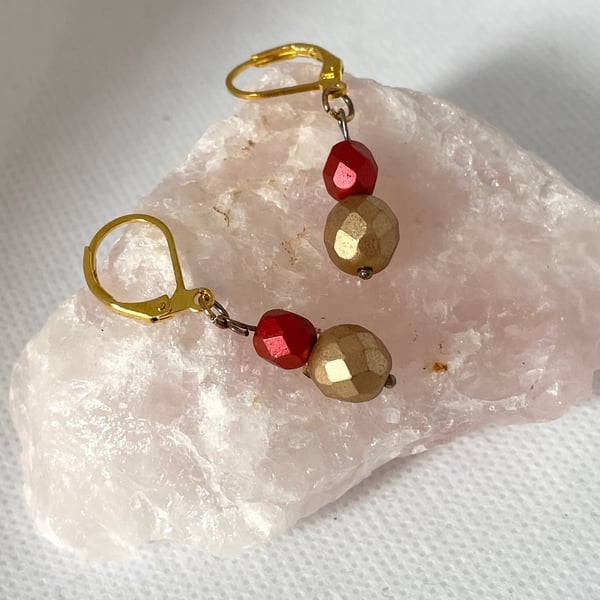 Fire Bead Gold and Red Drop Earrings - Folksy