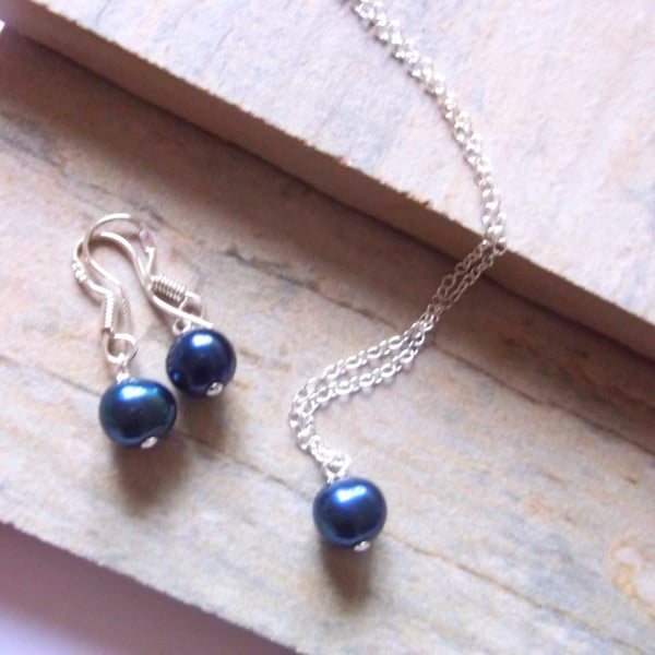 Midnight Blue Freshwater Pearl Pendant and Earring Set