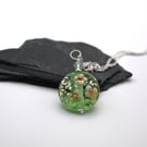 green flower glitter lampwork glass pendant necklace