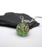 green flower glitter lampwork glass pendant necklace