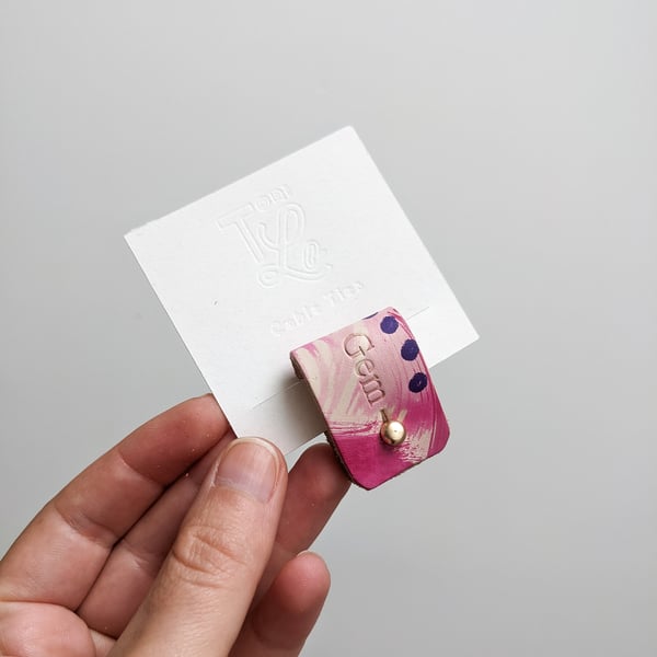 Personalised Pink Leather Cable tidy, Leather Cable Tie. Office Accessories.