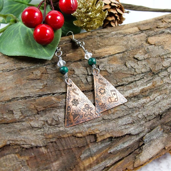 Earrings, Christmas Tree Copper & Chrysocolla Drops - Hypoallergenic Ear Wires