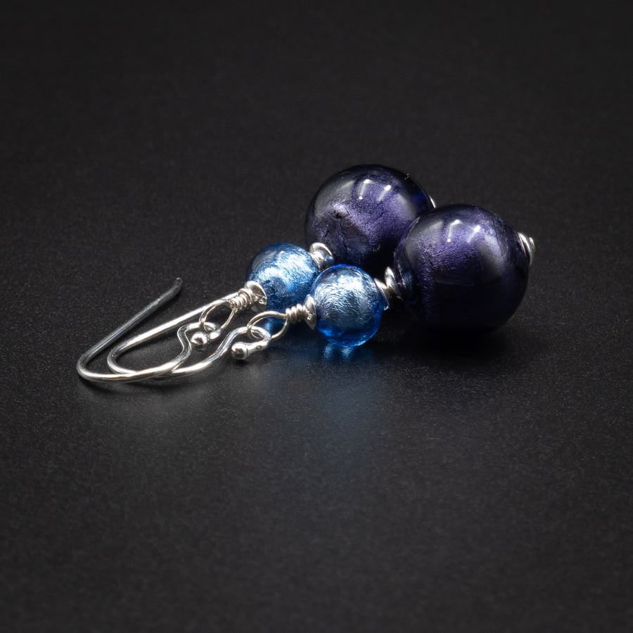 Murano sapphire blue purple sterling silver Venetian glass double drop earrings