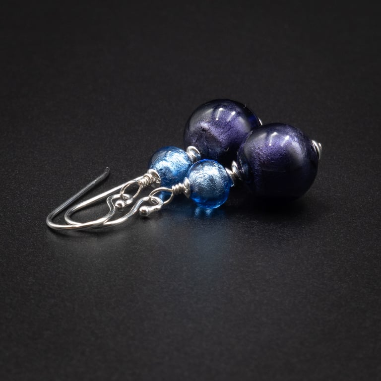 Murano sapphire blue purple sterling silver Venetian glass double drop earrings