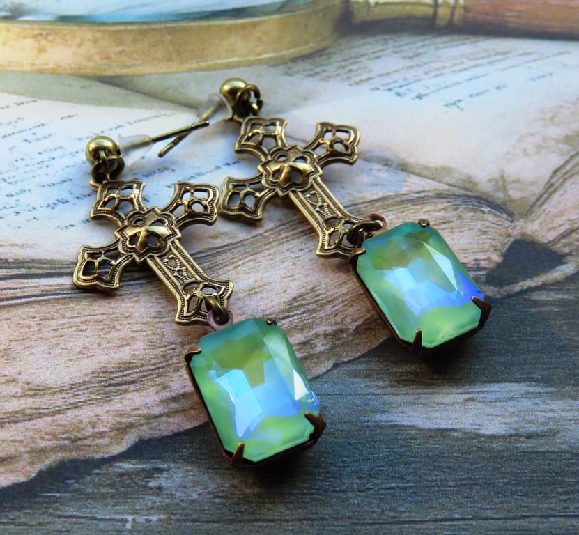 Celtic Cross Mystic Green Opal & Antiqued Brass Dangle Earrings